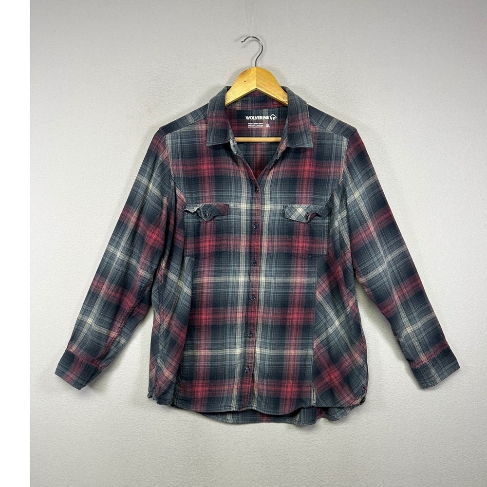 Cabincore Wolverine Women‎ XL Red Gray Plaid Cotton Rayon Flannel Button Shirt